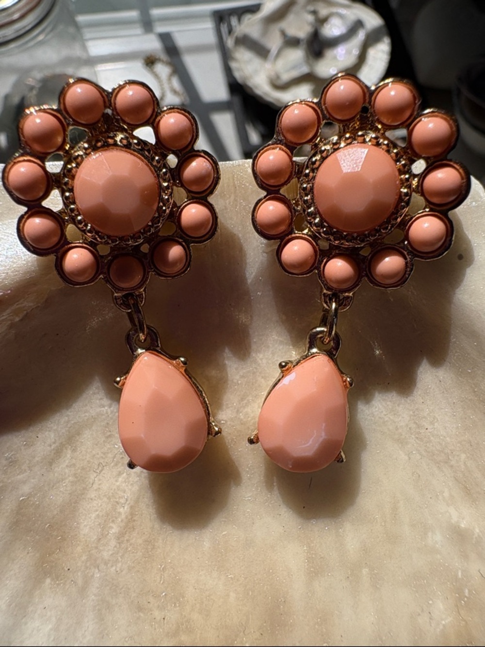 Coral Teardrop Flower Drop Earrings